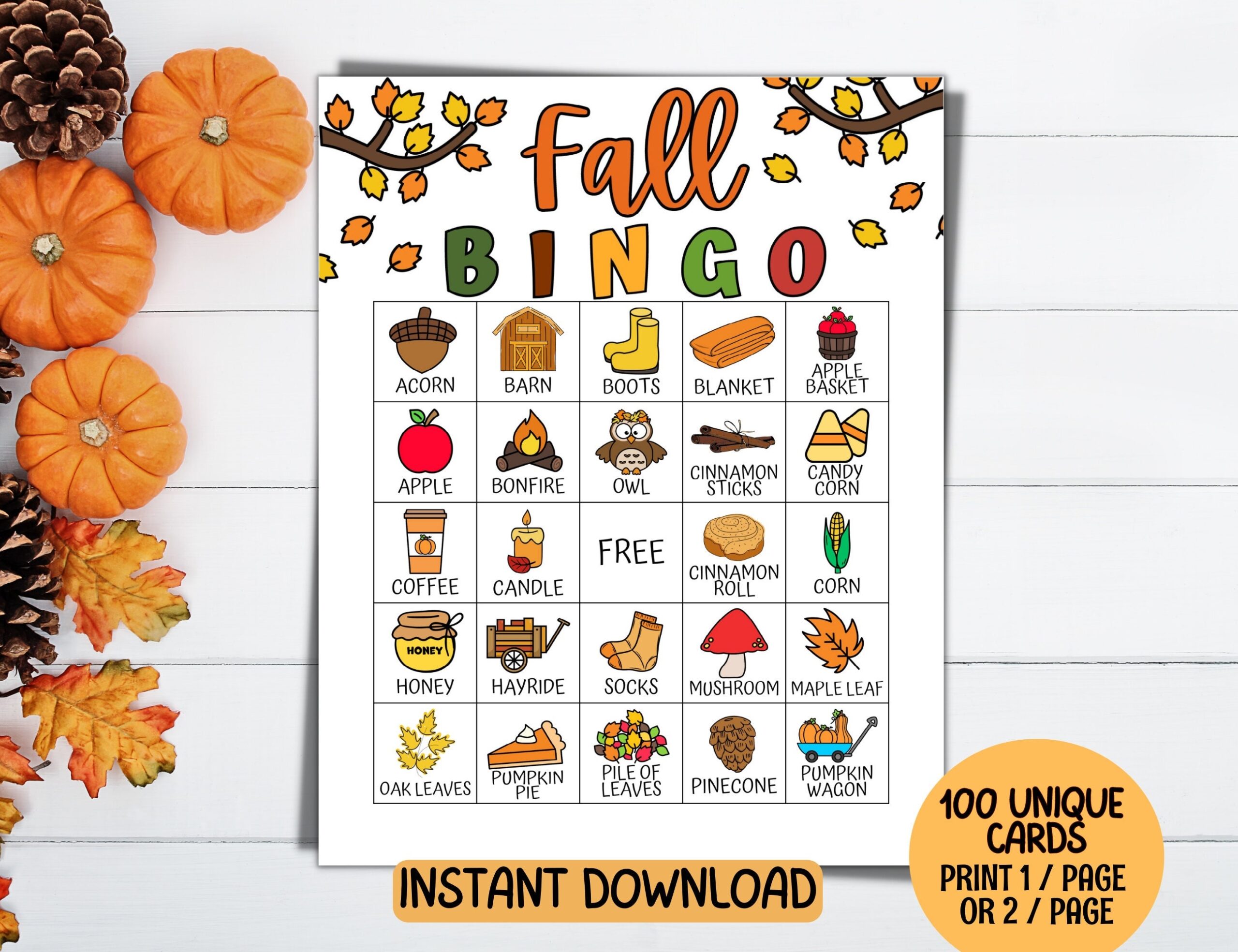 100 Fall Bingo Cards Autumn Fall Games Autumn Bingo Printable 
