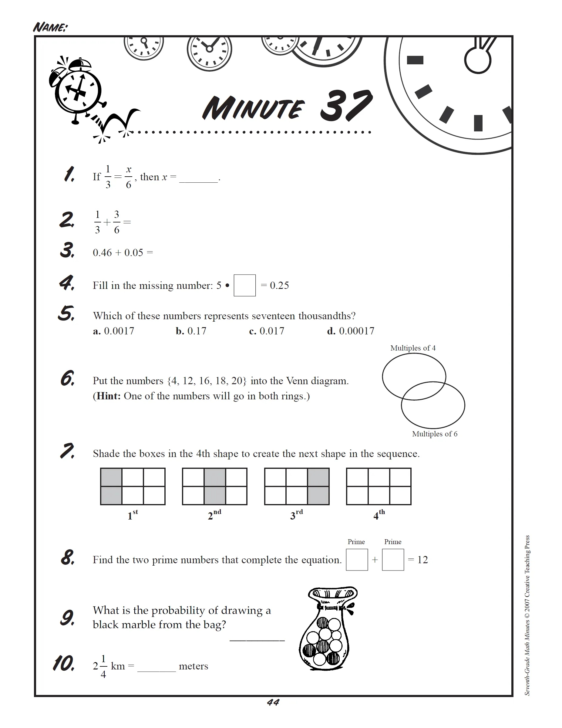 minute math worksheet
