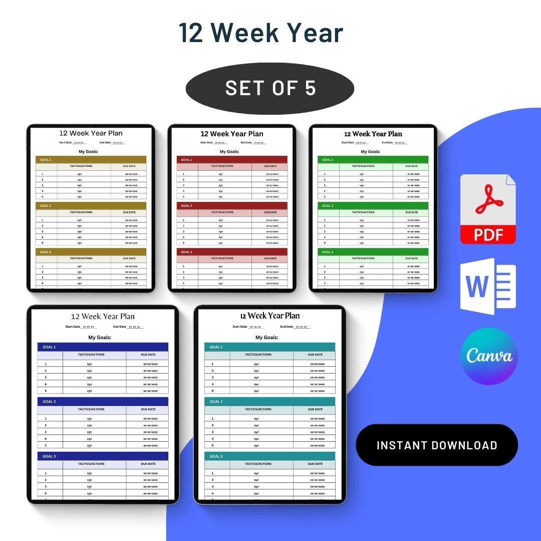12 Week Year Templates Printable PDF Word Editable 