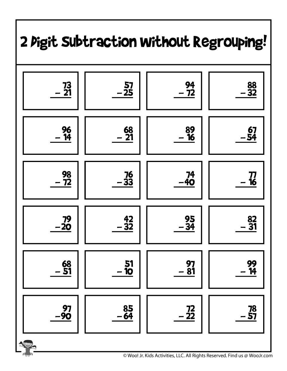 2 Digit Subtraction Math Practice Page Woo Jr Kids Activities