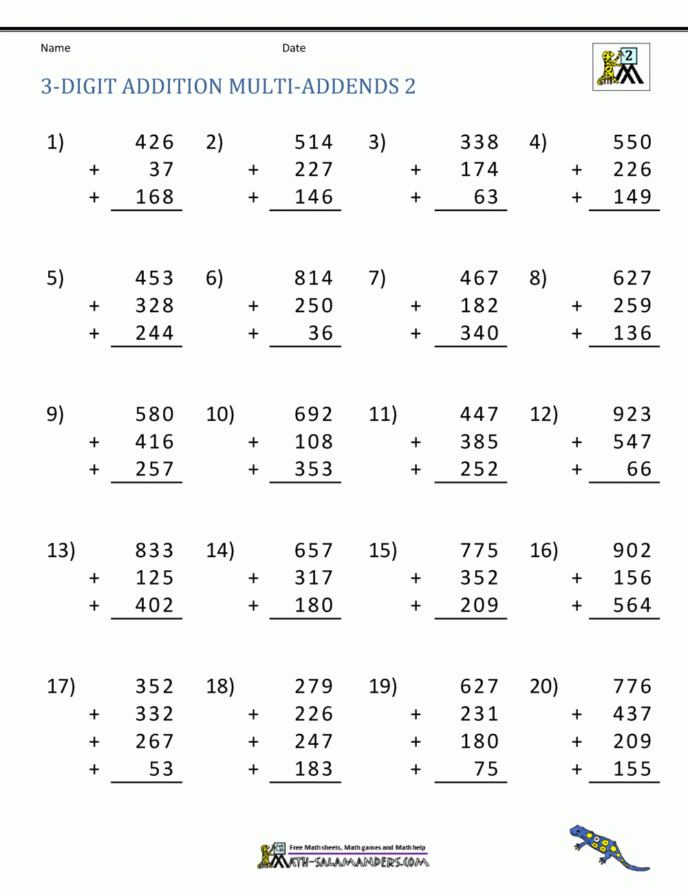 three digit math worksheets