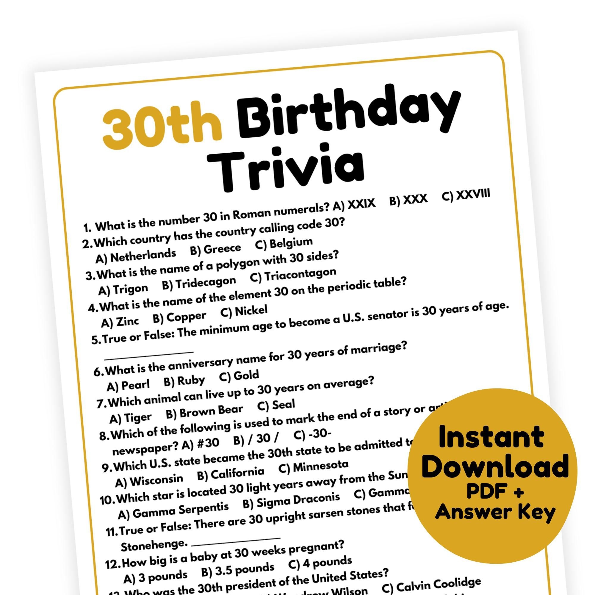 30th Birthday Trivia Game 30th Birthday Game Printable 30th Birthday