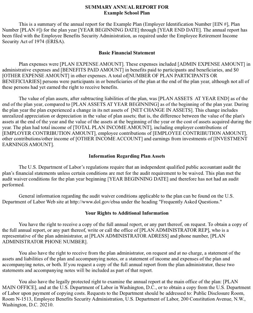 401K Summary Annual Report Template