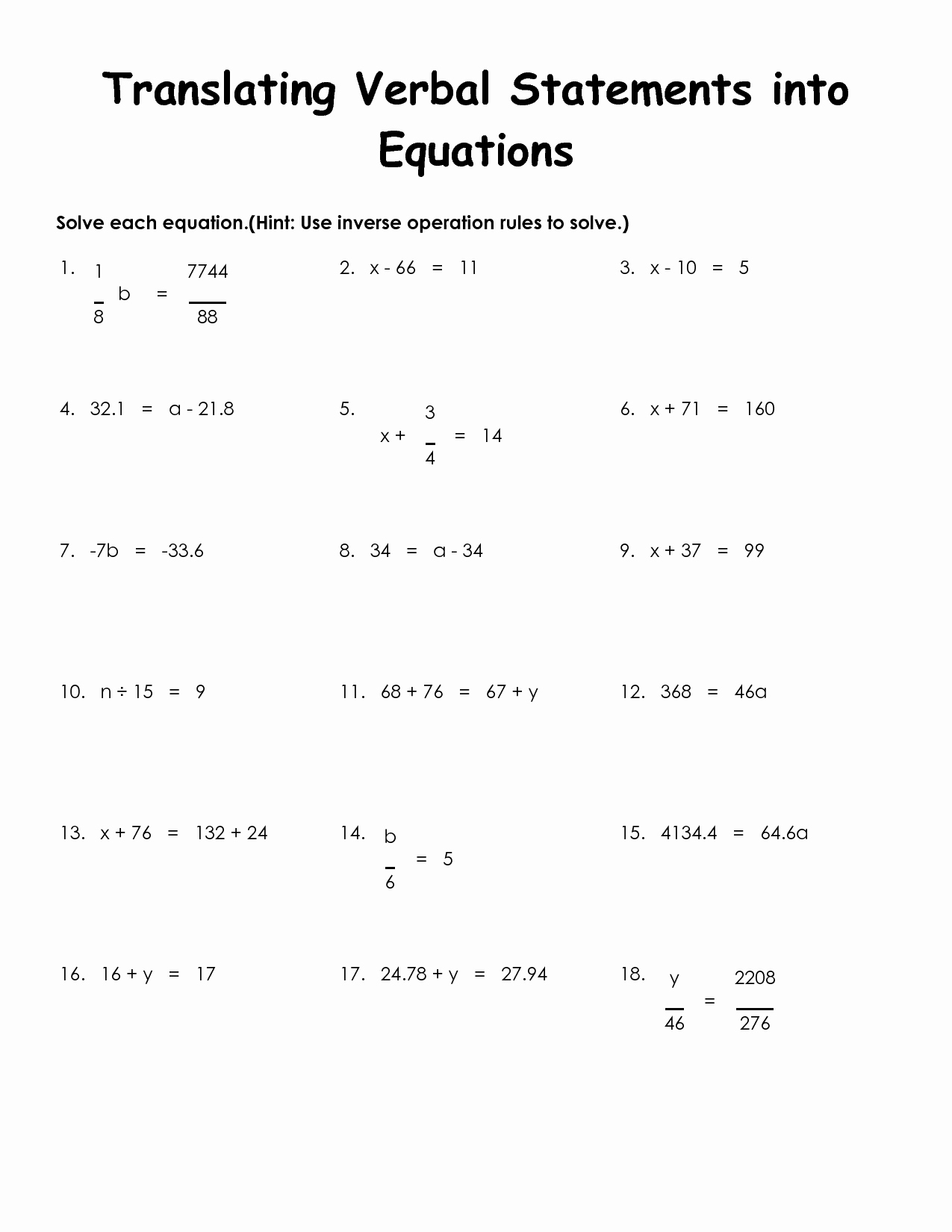 translating math expressions worksheet