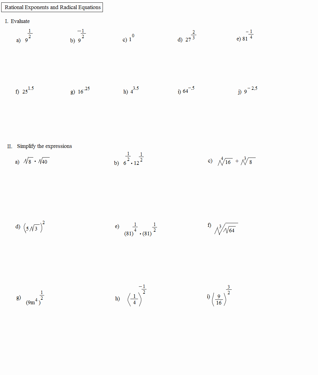 solving radical equations worksheet math 154b