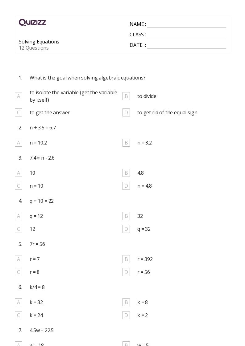 6th Grade Math Equations Worksheet Practice Problems For Sixth Graders