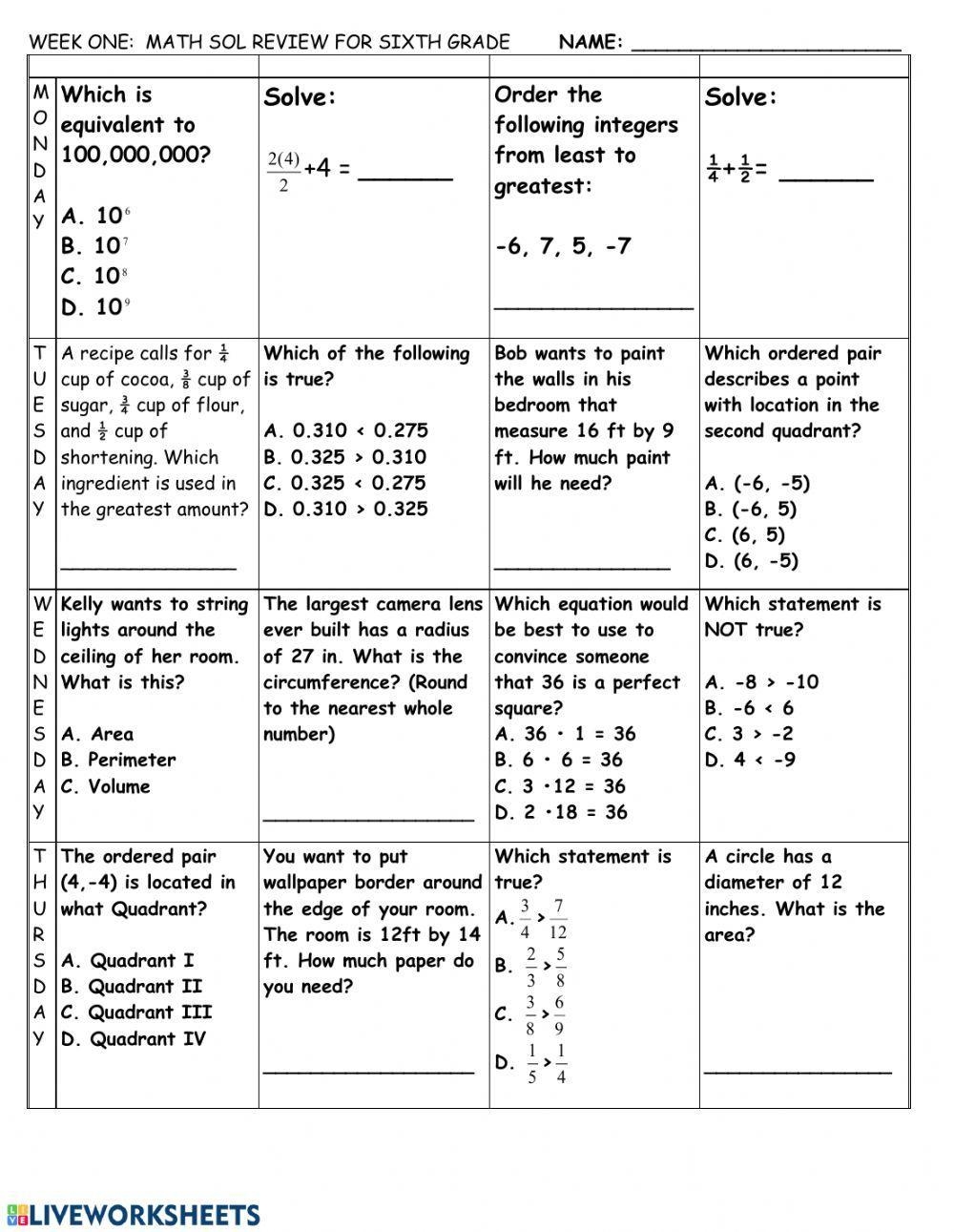 math review worksheet