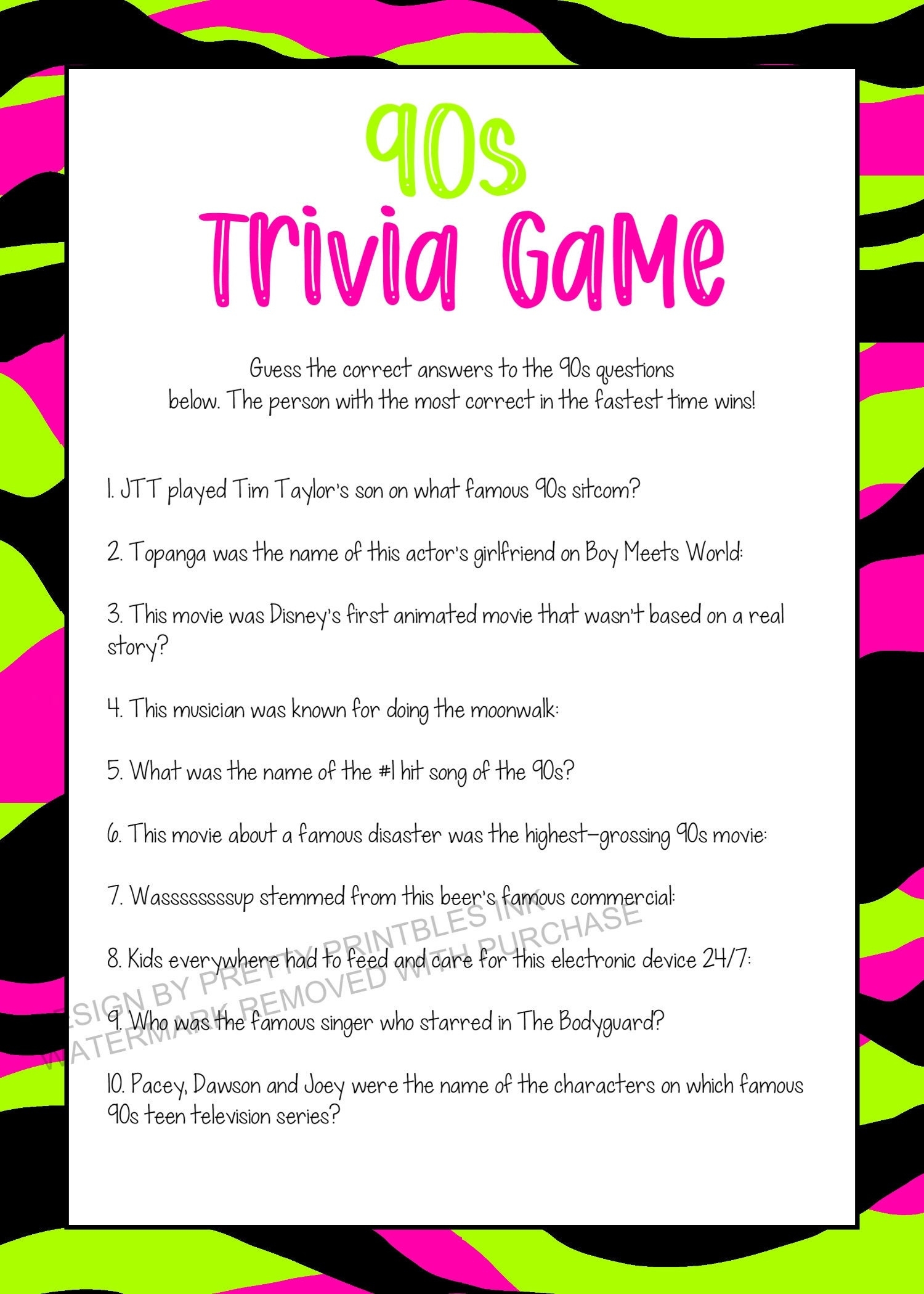 90s Trivia Printable Trivia Questions And Answer