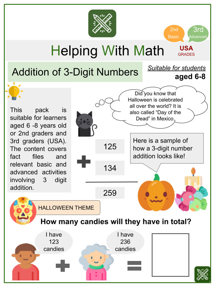 Addition Of Three Digit Numbers Math Worksheets Aged 6 8 Worksheets