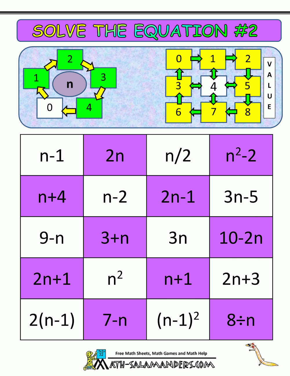 free printable algebra math games no prep