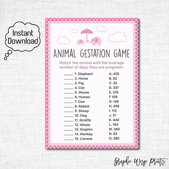 Animal Gestation Printable Baby Shower Game Printable Baby Shower