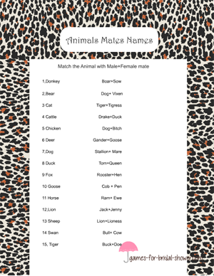 Animal Mates Game For Bridal Shower Wedding Shower Games Animals
