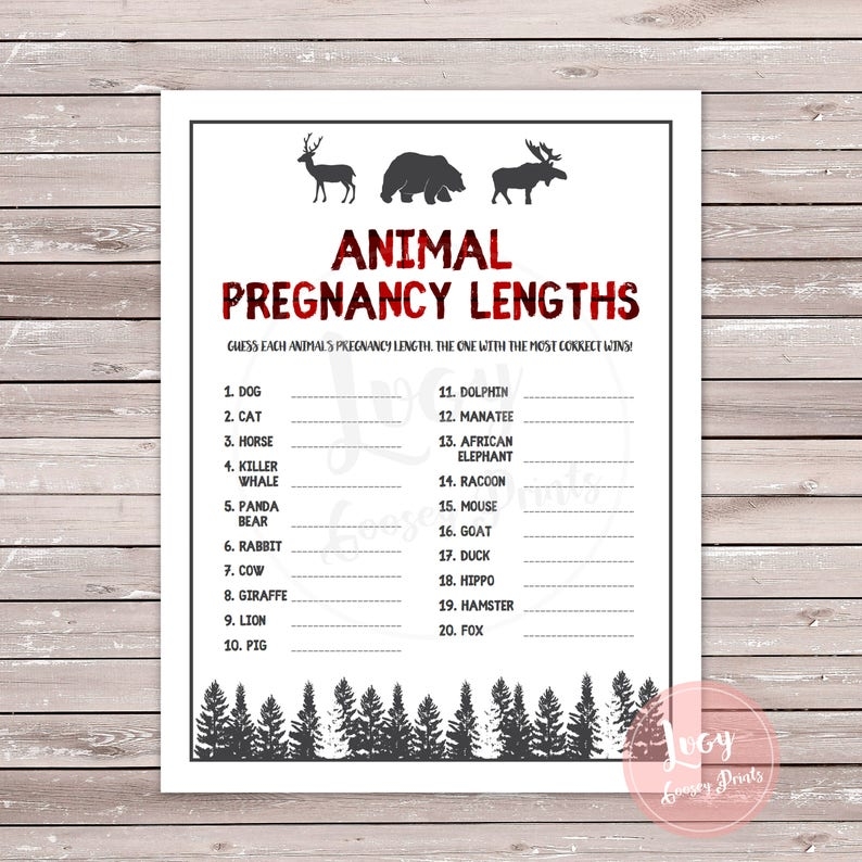 Animal Pregnancy Lengths Baby Shower Printable Game Instant Download 