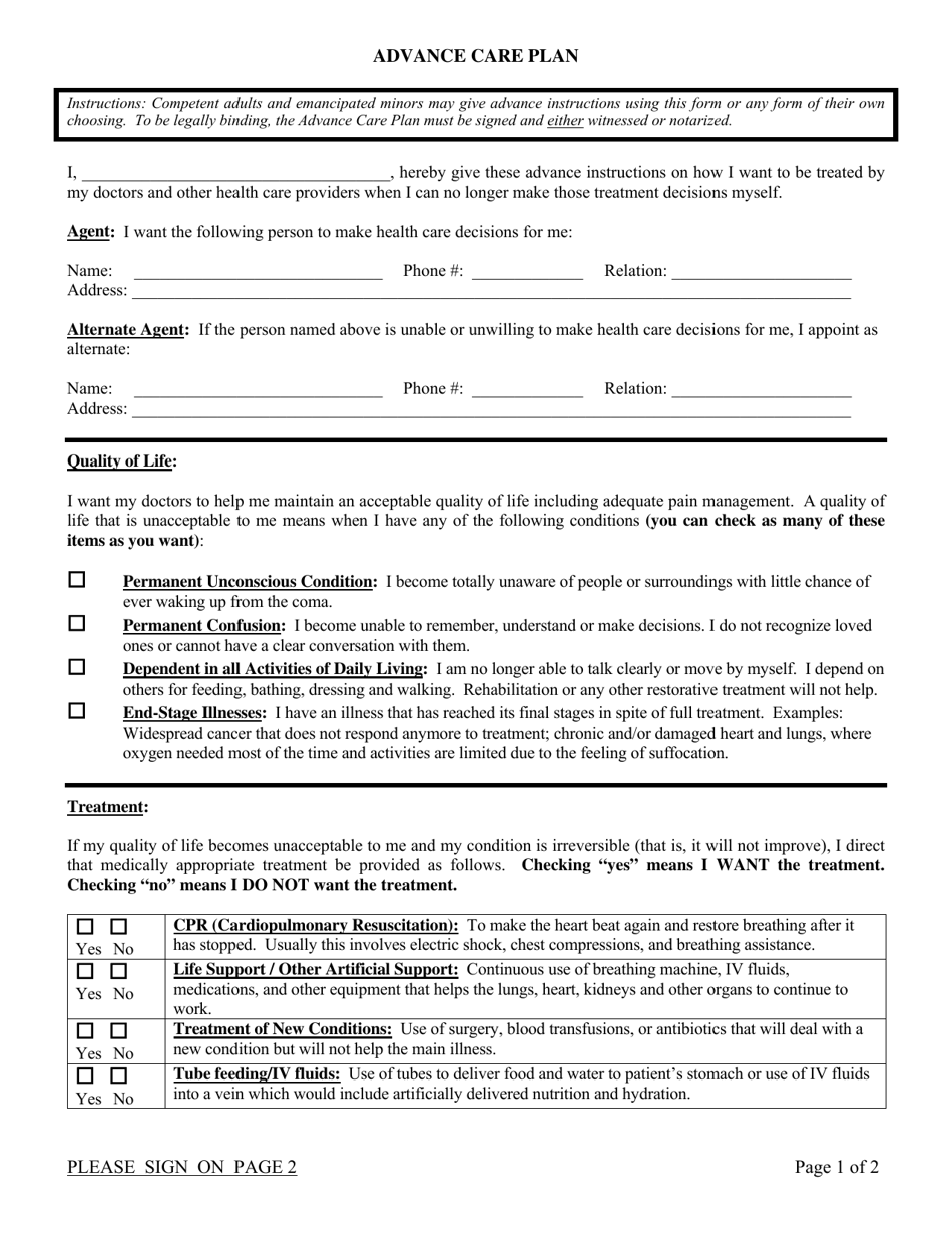 advance care plan template