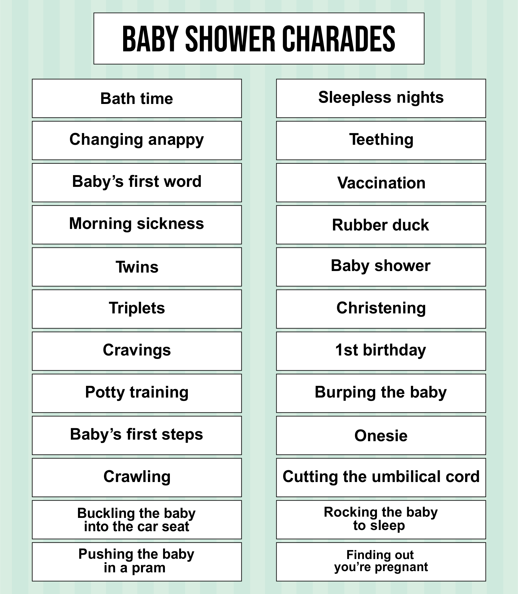 Baby Shower Charades Word List Baby Shower Charades Charades Words