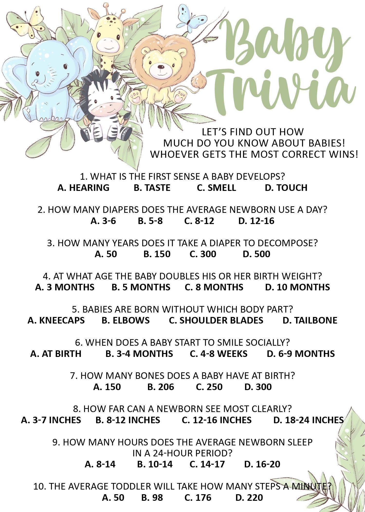 Baby Shower Trivia Game Printable Jungle Inspired Safari Theme 