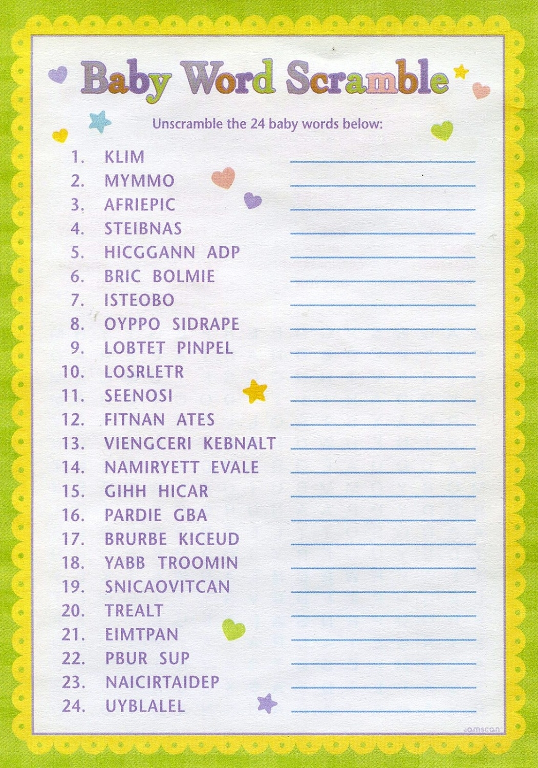 free printable baby shower games words unscramble with answer key