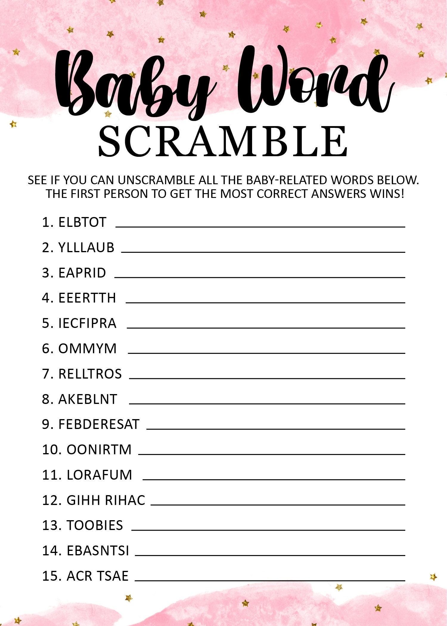 Baby Word Scramble Baby Shower Game Printable Answer Key 50 OFF