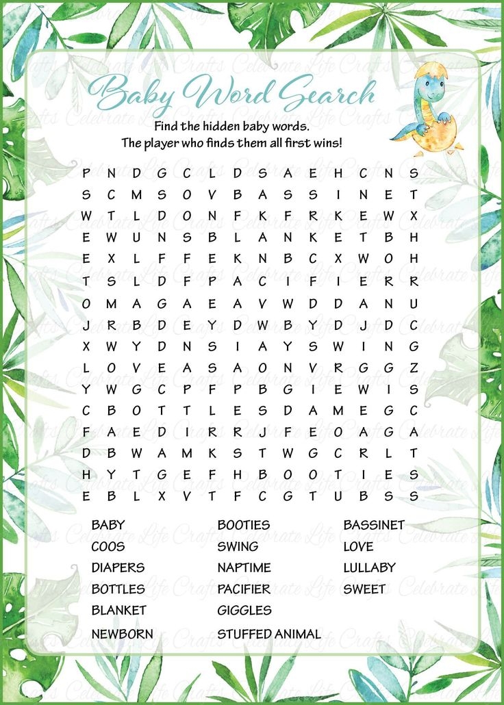 Baby Word Search Printable Download Watercolor Dinosaur Baby Shower 