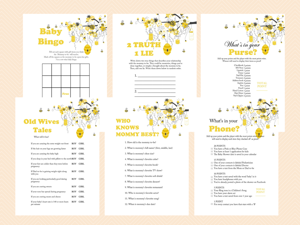 free printable bee themed baby shower games