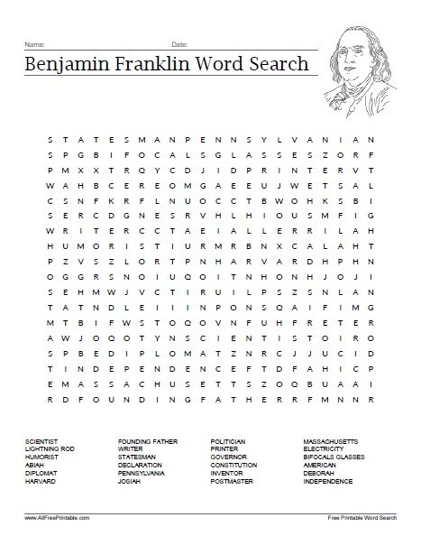 Benjamin Franklin Word Search Free Printable