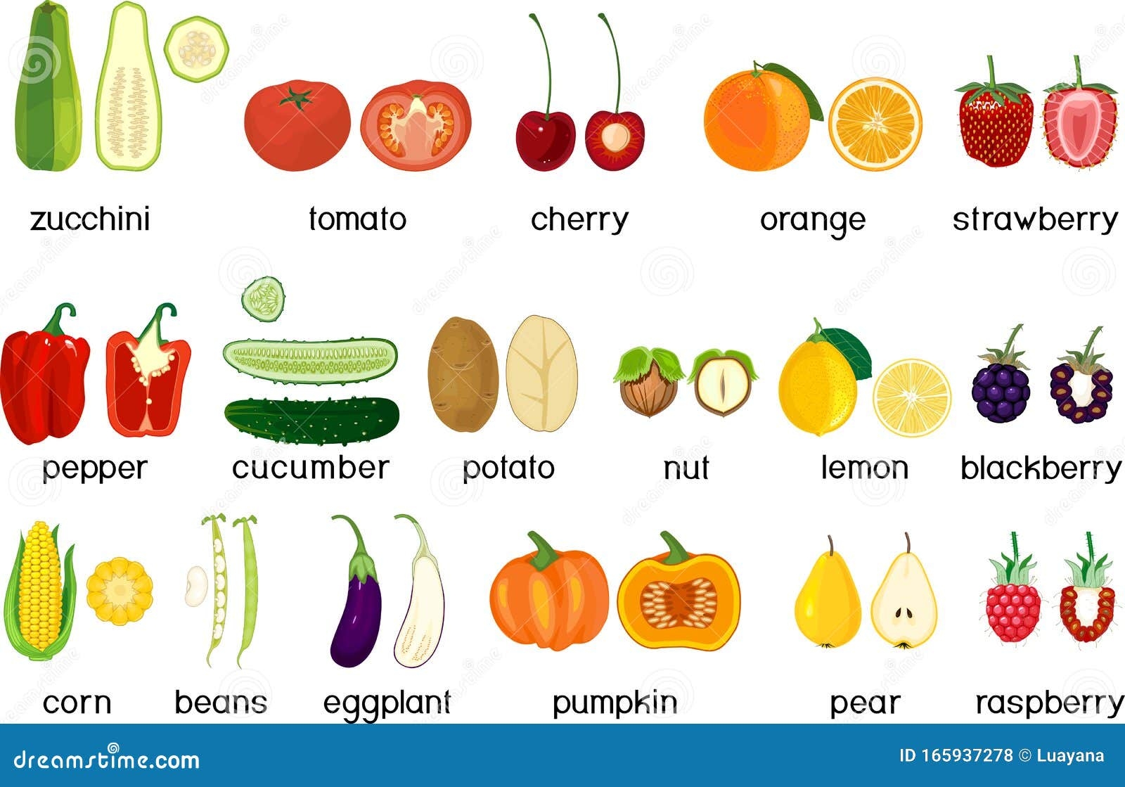 Big Set Of Different Ripe Fruits And Vegetables Whole And Cut In Half 