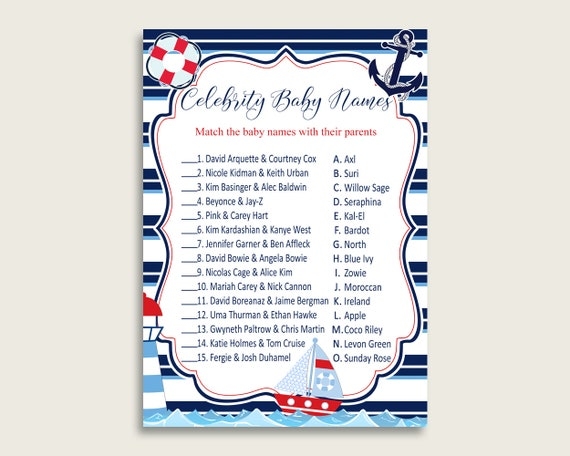 Blue Red Celebrity Baby Names Nautical Baby Shower Boy Name Game 