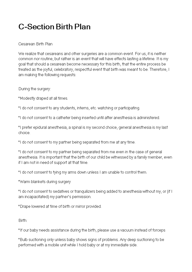 C Section Birth Plan Template Plan For A Cesarean Birth