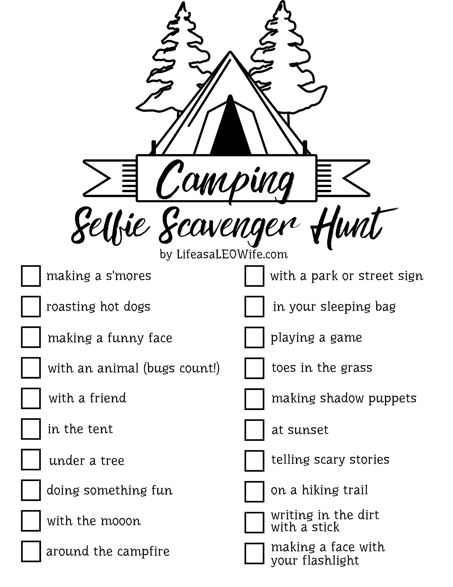 Camping Selfie Scavenger Hunt 3 Free Printable Versions Worksheets 