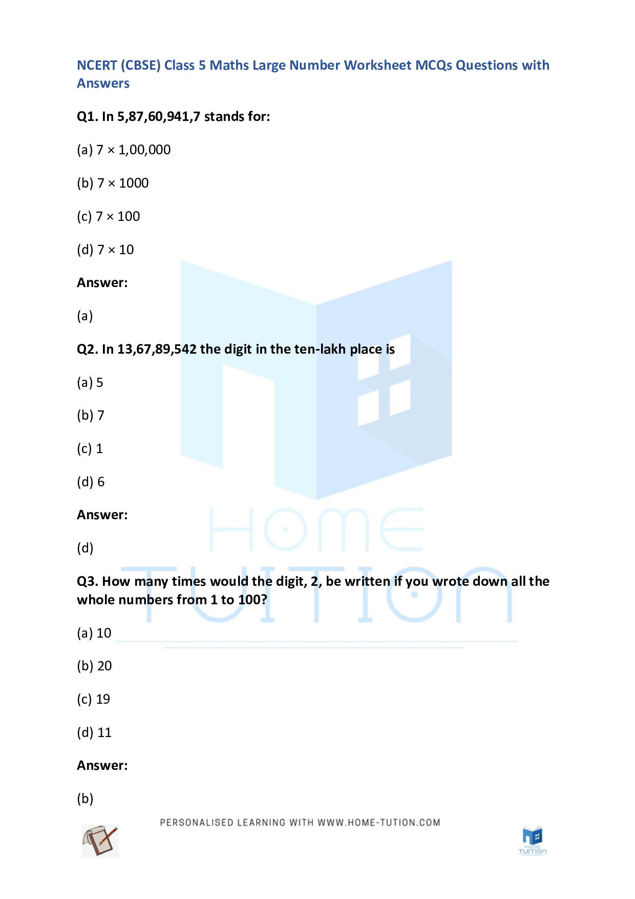 CBSE NCERT Class 5 Maths Large Number Worksheet Free PDF Home Tution