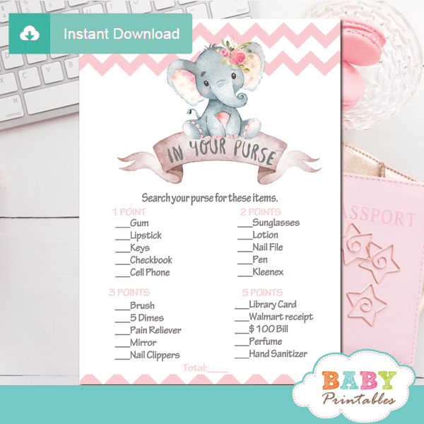 Chevron Pink Elephant Baby Shower Games D433 Baby Printables