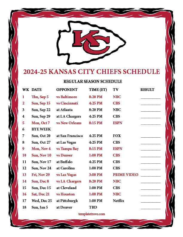 Chiefs Schedule 2025 Printable Gussie Malinda
