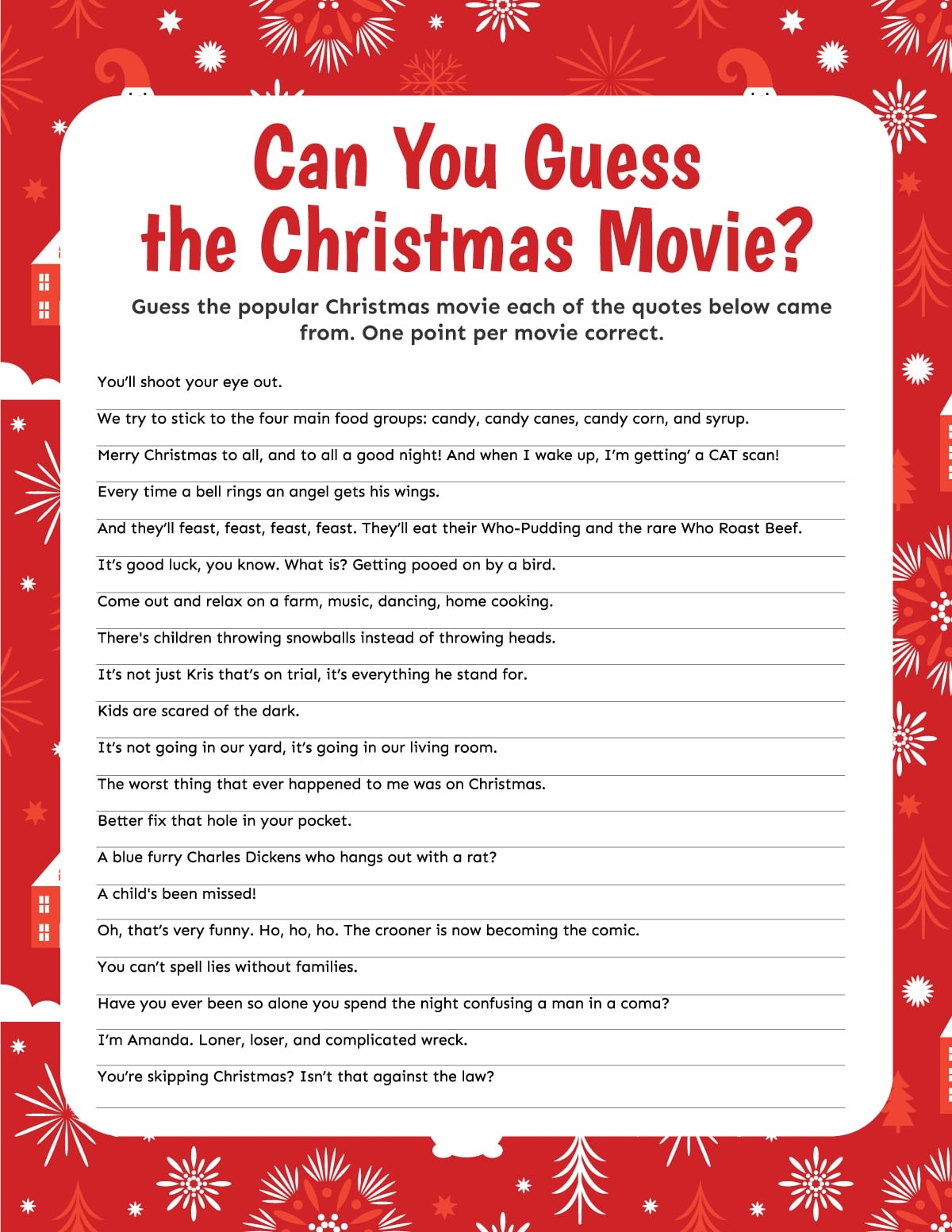 Christmas Movie Trivia Printable FREE Printable A Z