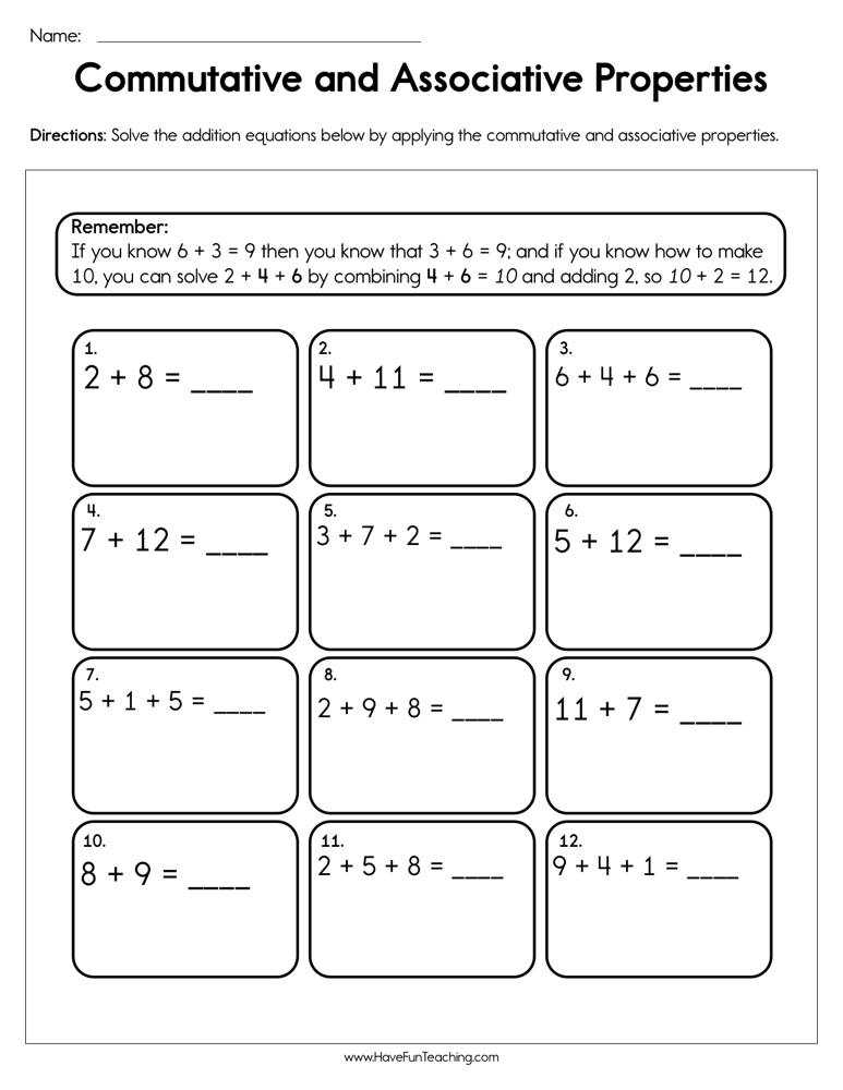 properties of math worksheet