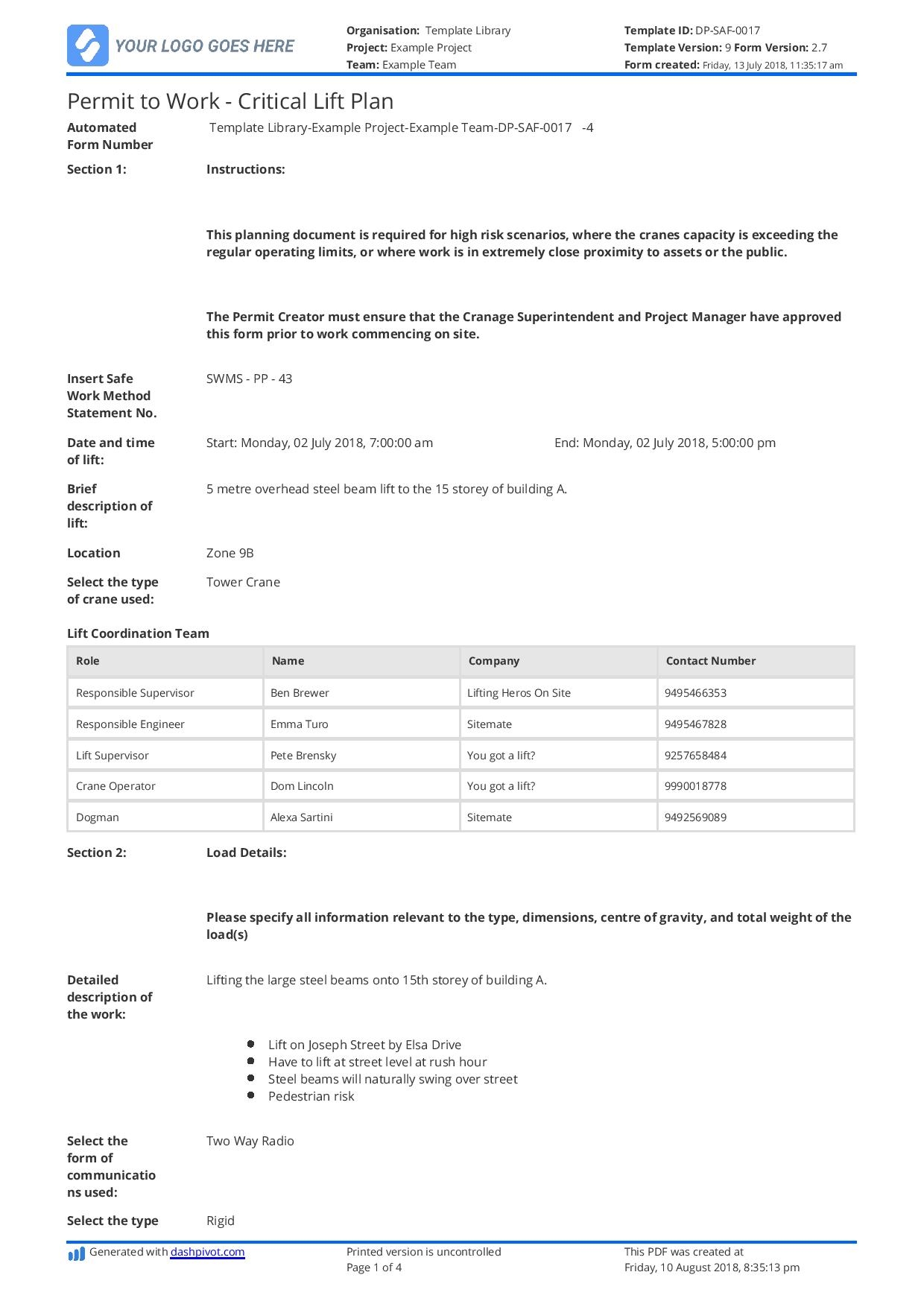 critical lift plan template