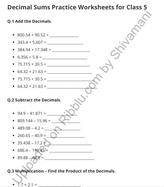 Decimal Worksheets For Class 5 Free PDF Download