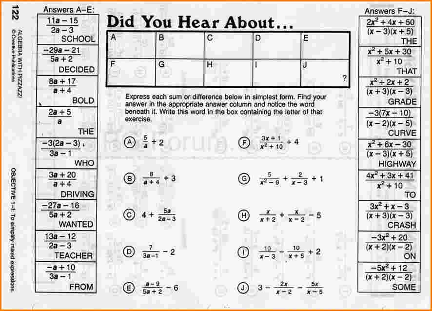 Did You Hear About Math Worksheet Answer Key Algebra With Pizzazz 