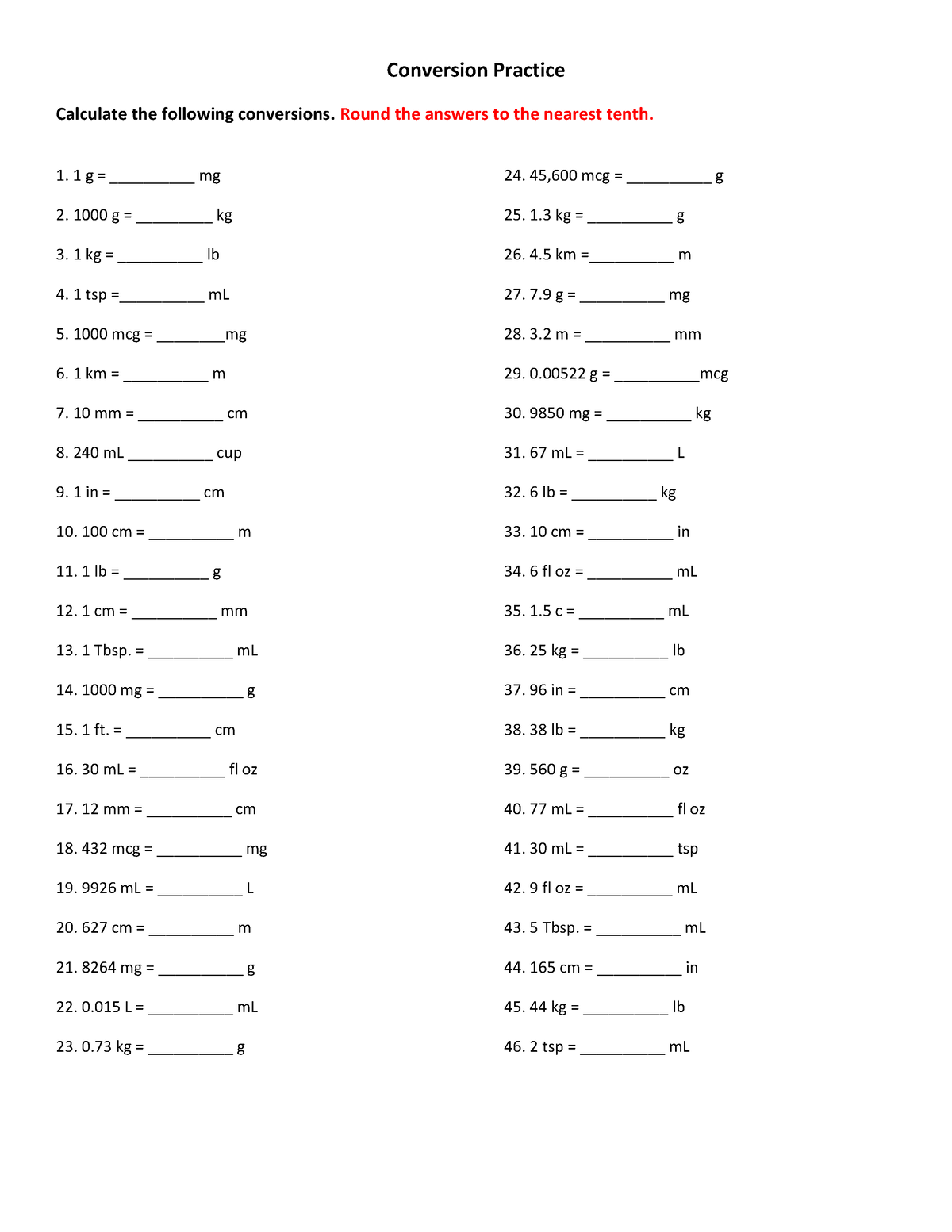 Dosage Calculations Practice Worksheet Conversion Practice 