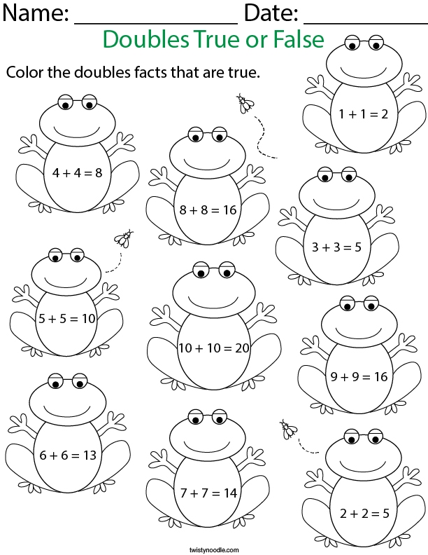 Doubles True Or False To 10 Frogs Math Worksheet Twisty Noodle 