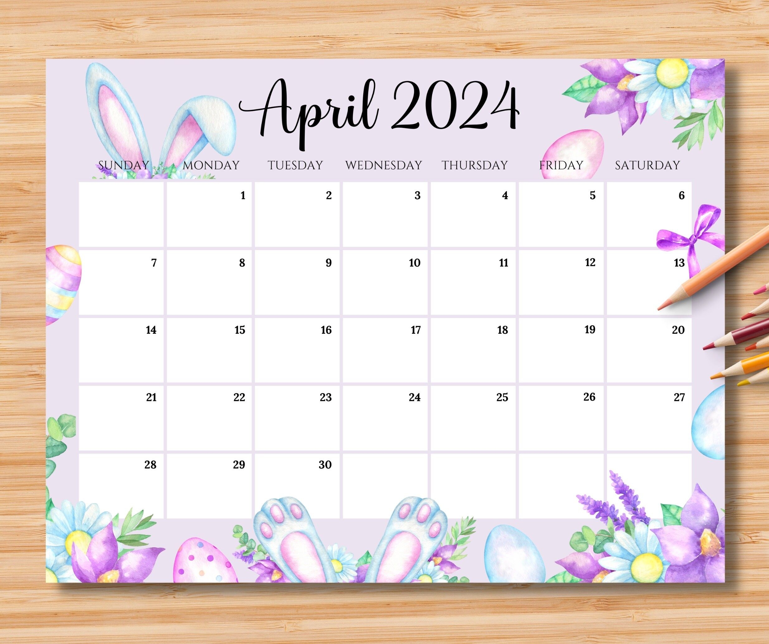 EDITABLE April 2024 Calendar Happy Easter Day With Cute Bunny Ears