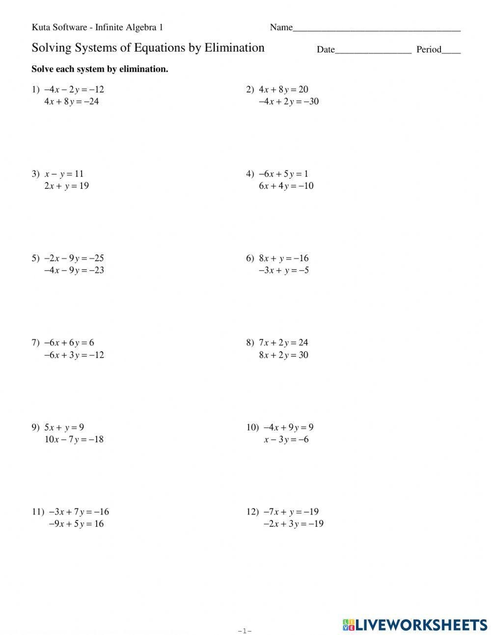 Eighth Grade Solving Systems Of Equations By Elimination Practice 
