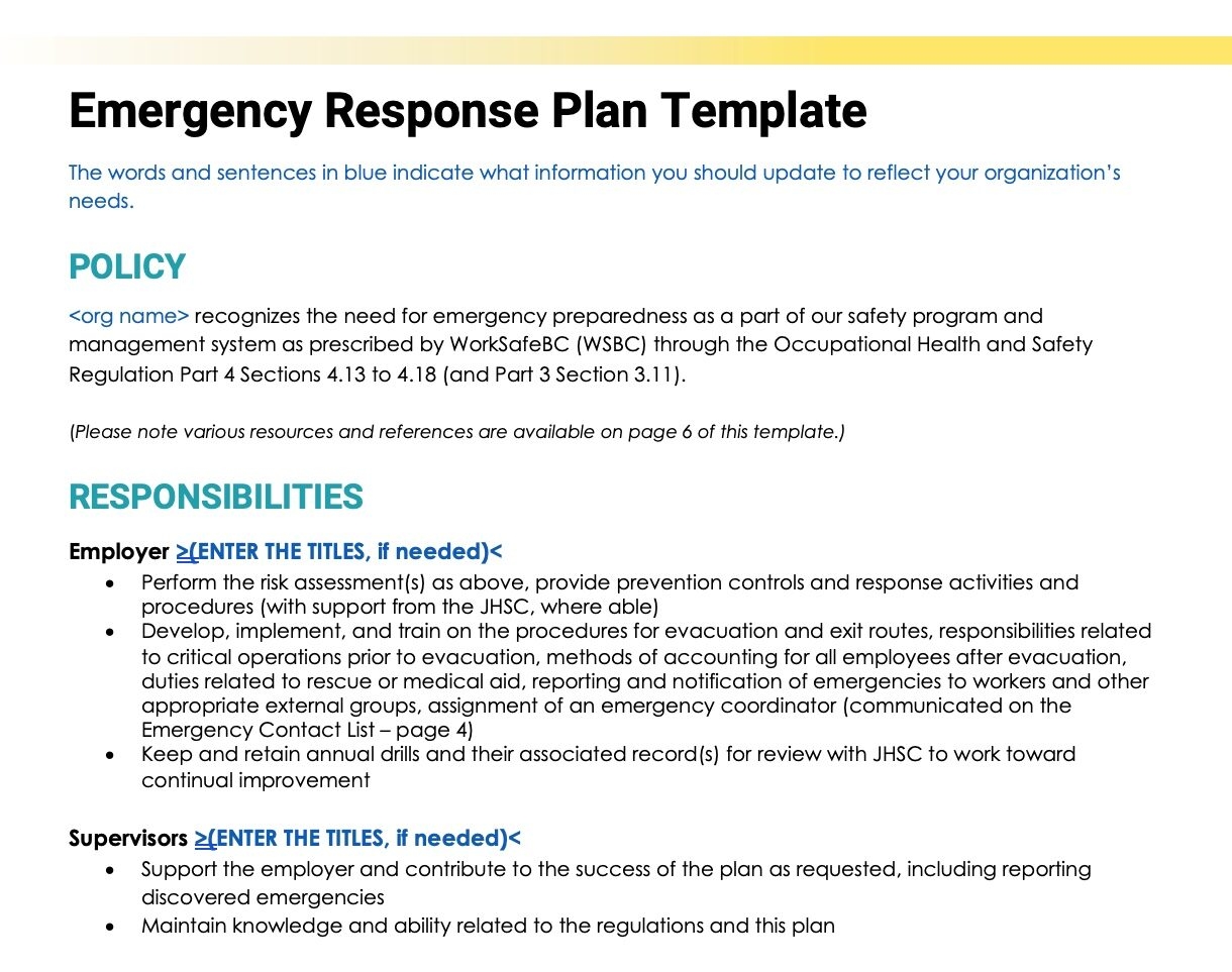 Emergency Response Plan Template Actsafe Safety Association