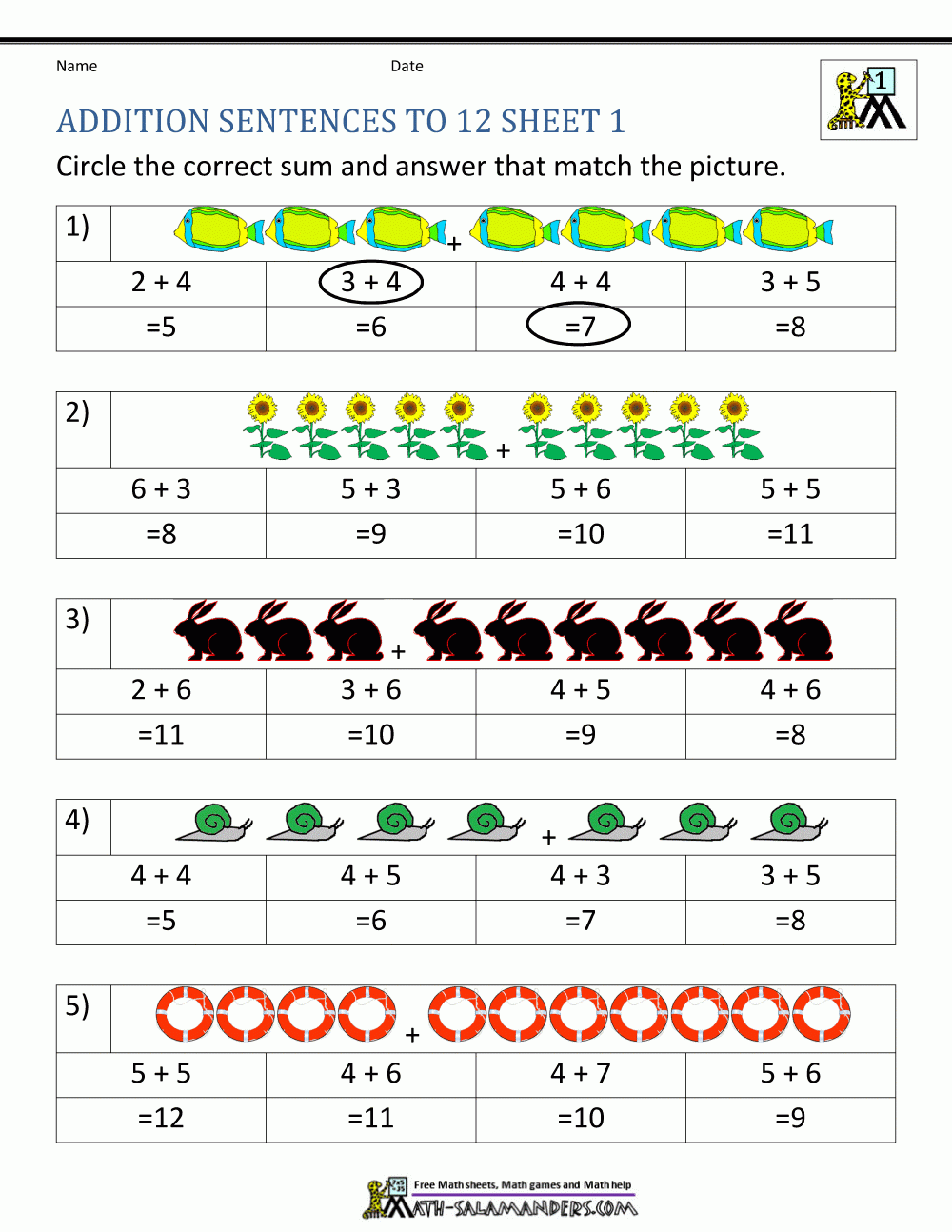 1st grade math printable worksheets