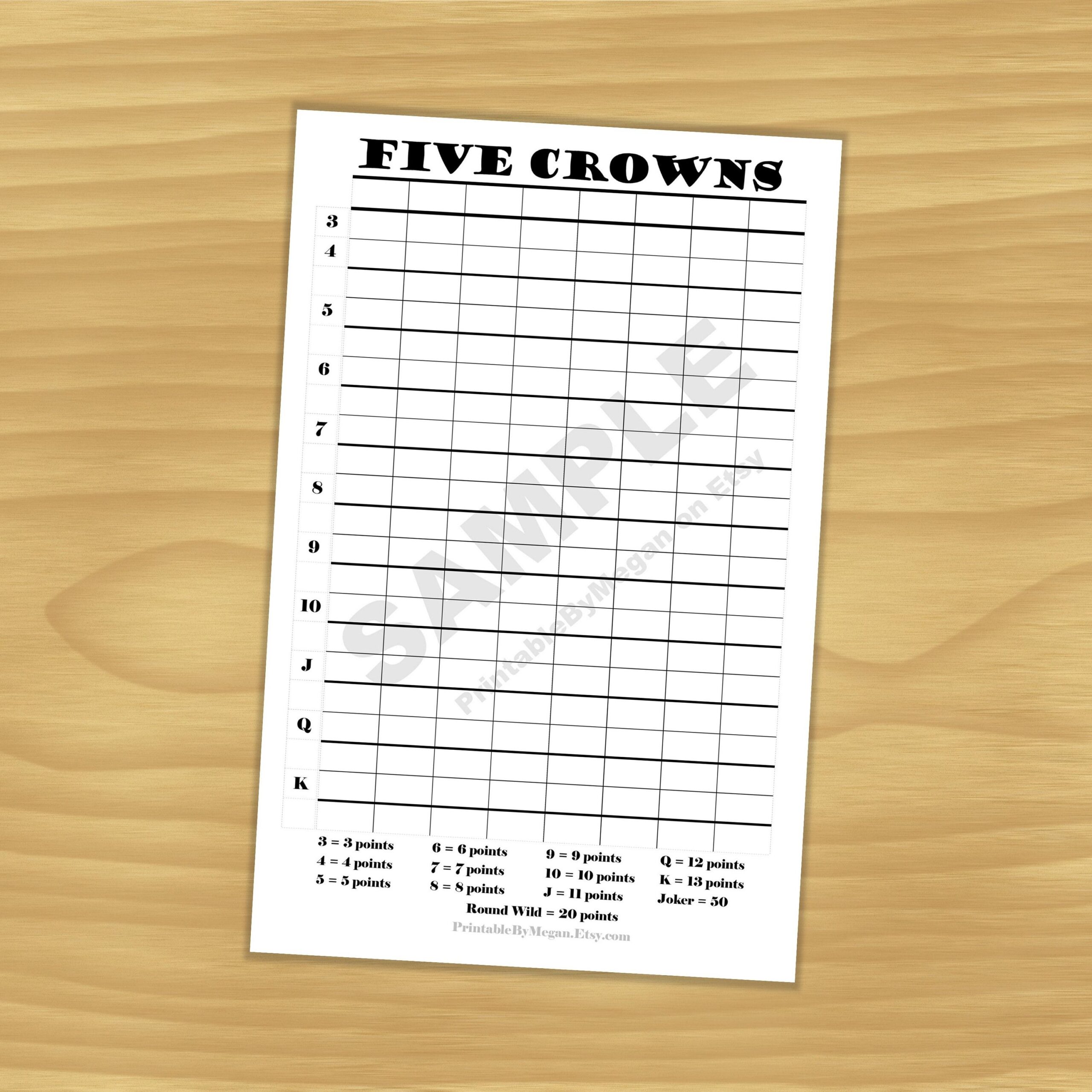 Five Crowns Score Sheet Five Crowns Score Card Etsy Card Games