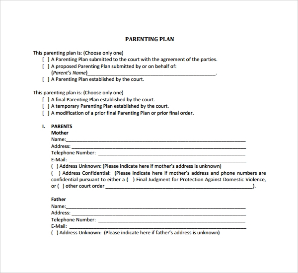 FREE 8 Sample Parenting Plan Templates In PDF