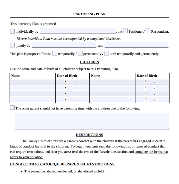 FREE 8 Sample Parenting Plan Templates In PDF