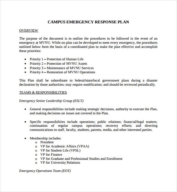 sample emergency response plan template