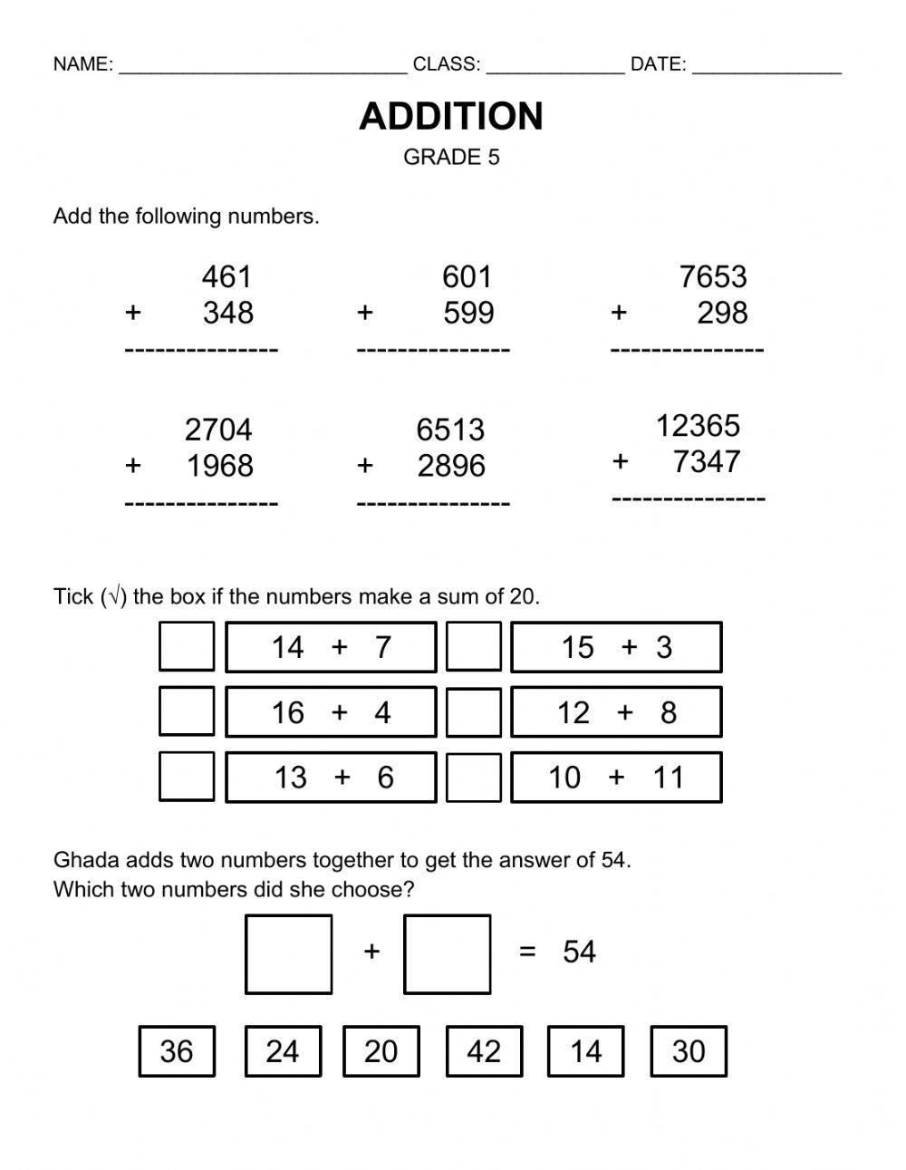 math worksheet grade 5