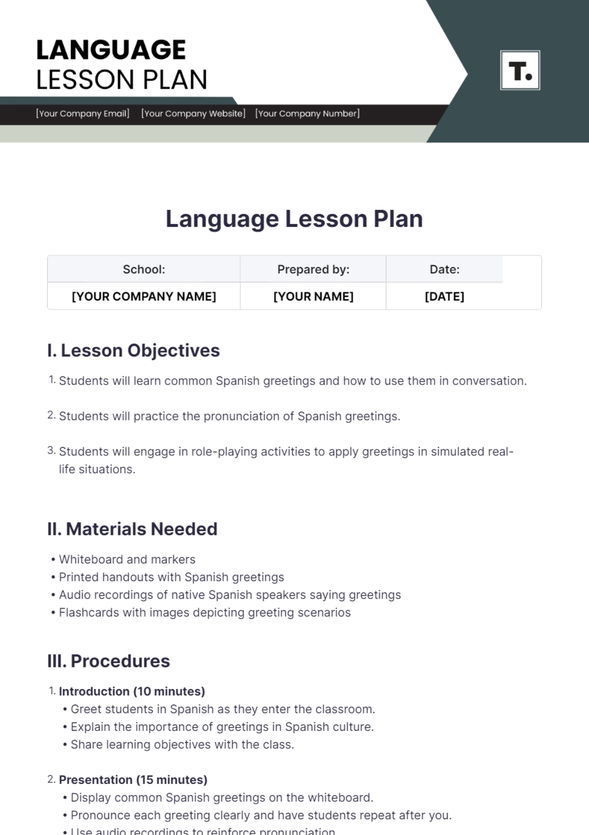 Free Language Lesson Plan Template To Edit Online