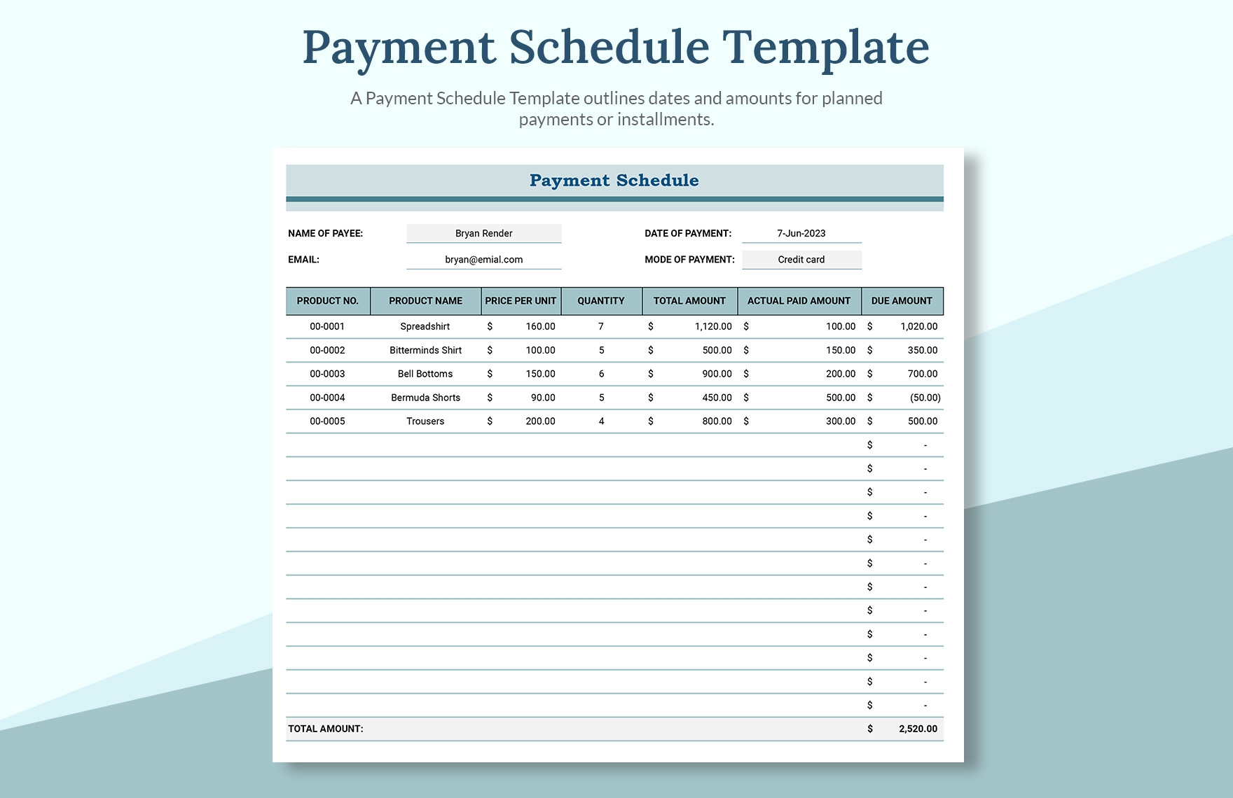 printable payment plan template